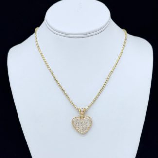 14K gold iced chain with heart pendant, 16 inches