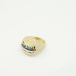 14K gold Last Supper enamel ring with CZ, size 10