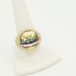 14K gold Last Supper enamel ring with CZ, size 10