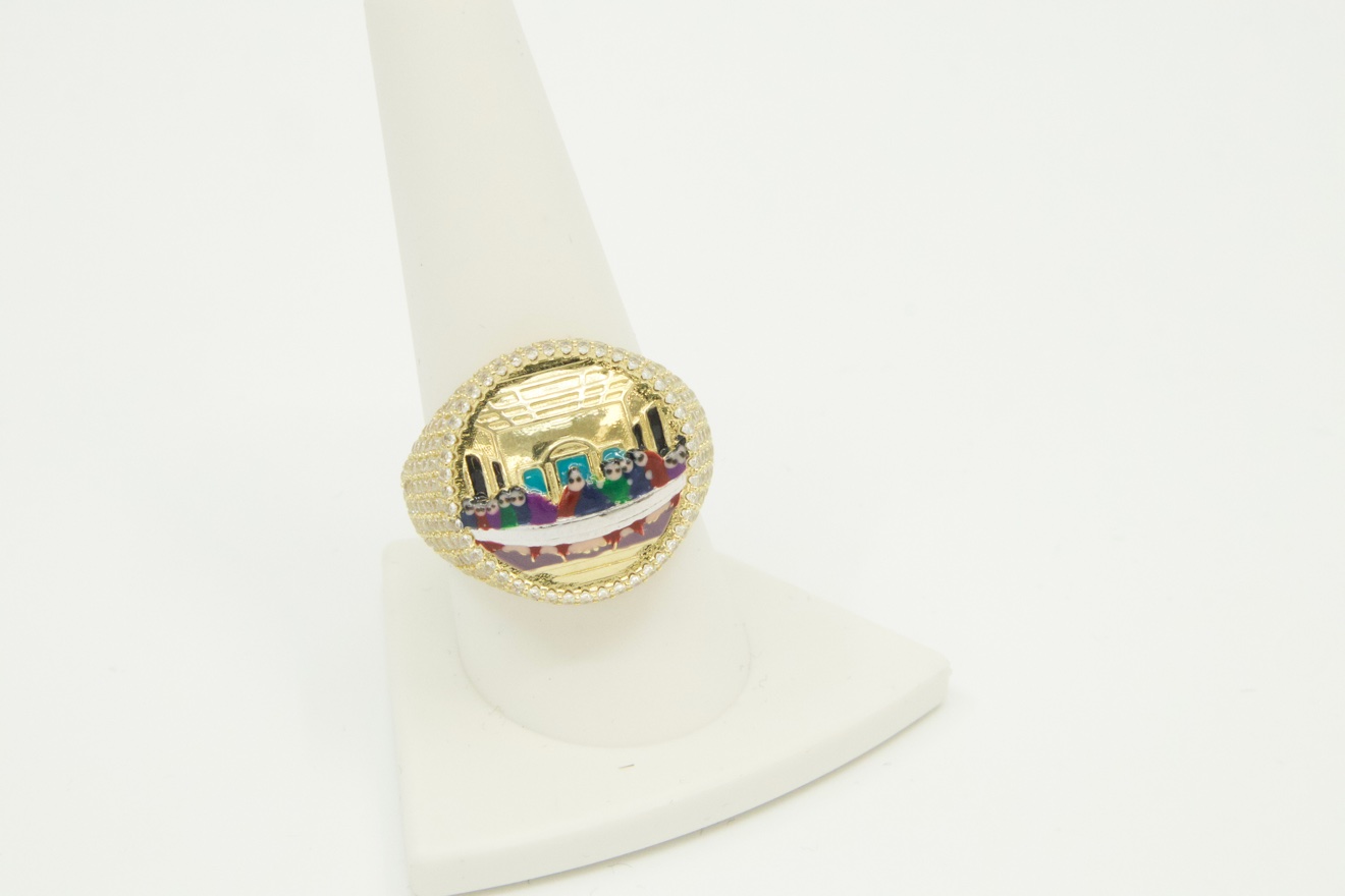 14K gold Last Supper enamel ring with CZ, size 10