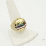 14K gold Last Supper enamel ring with CZ, size 10
