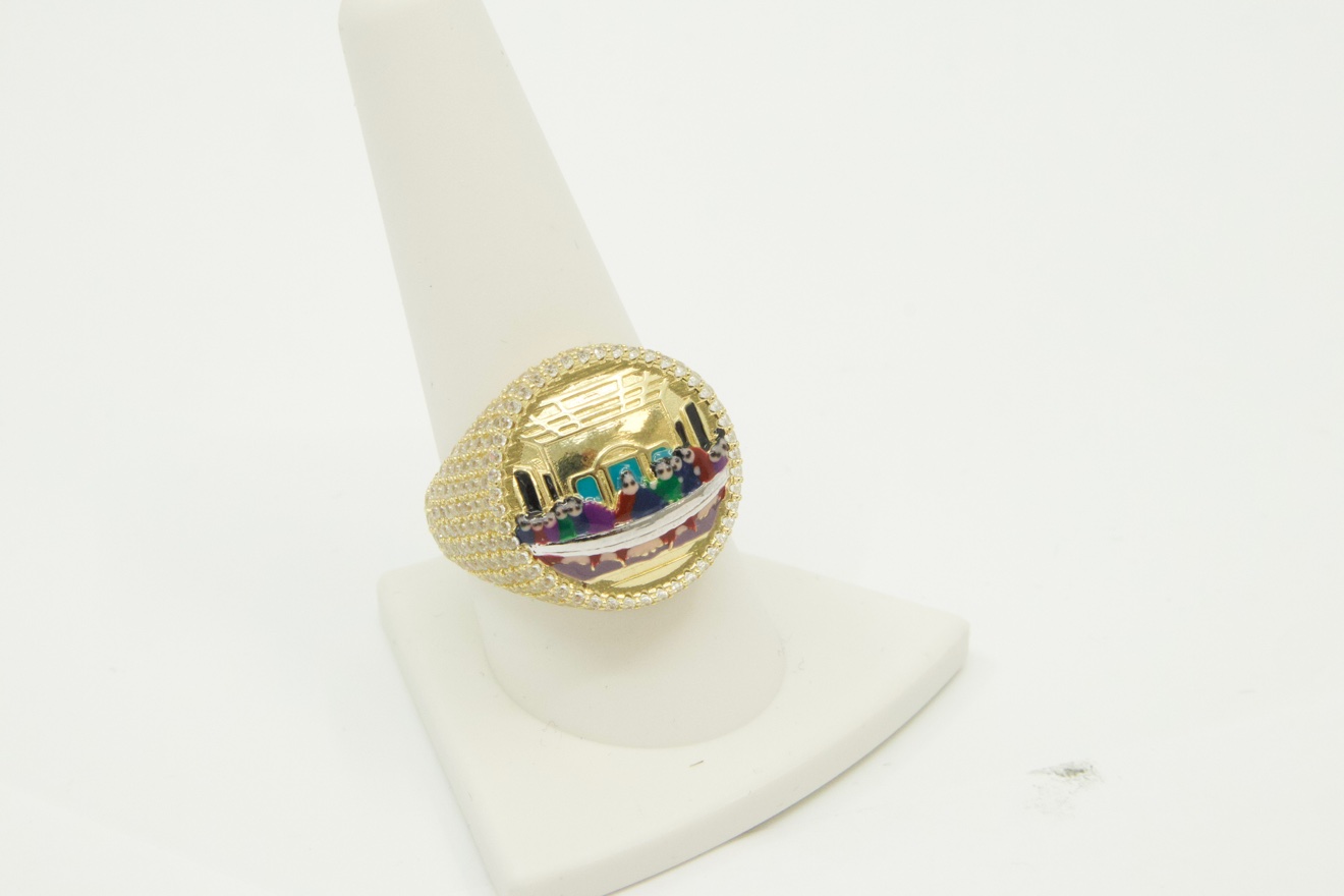 14K gold Last Supper enamel ring with CZ, size 10