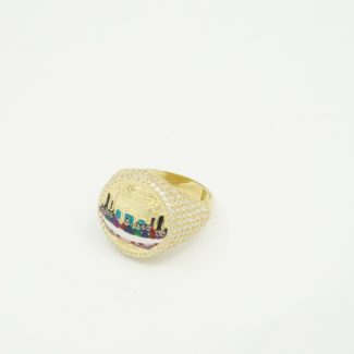 14K gold Last Supper enamel ring with CZ, size 10