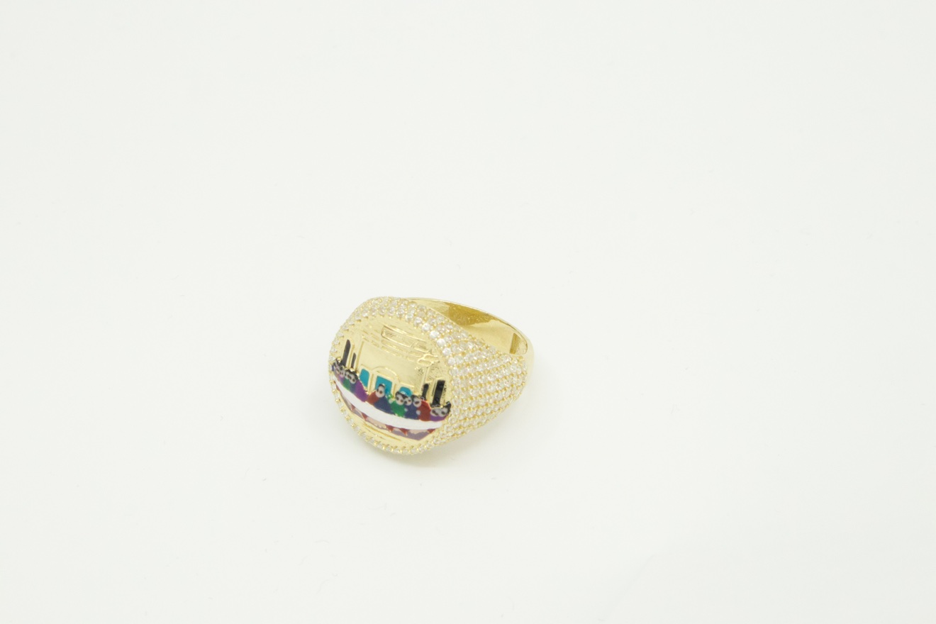 14K gold Last Supper enamel ring with CZ, size 10
